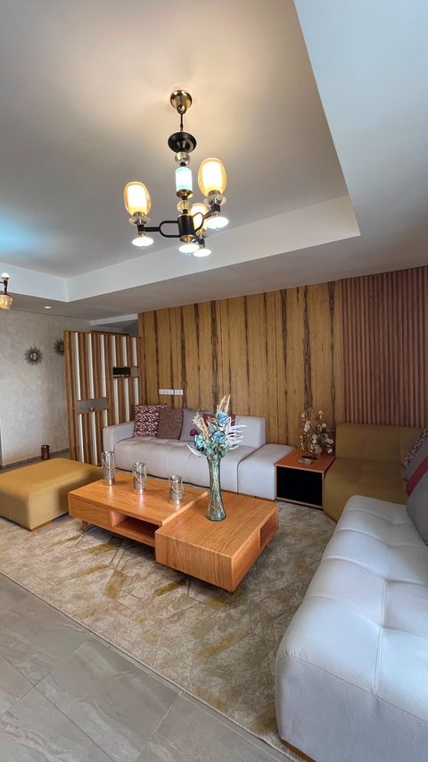 Living room seating and timber accent wall